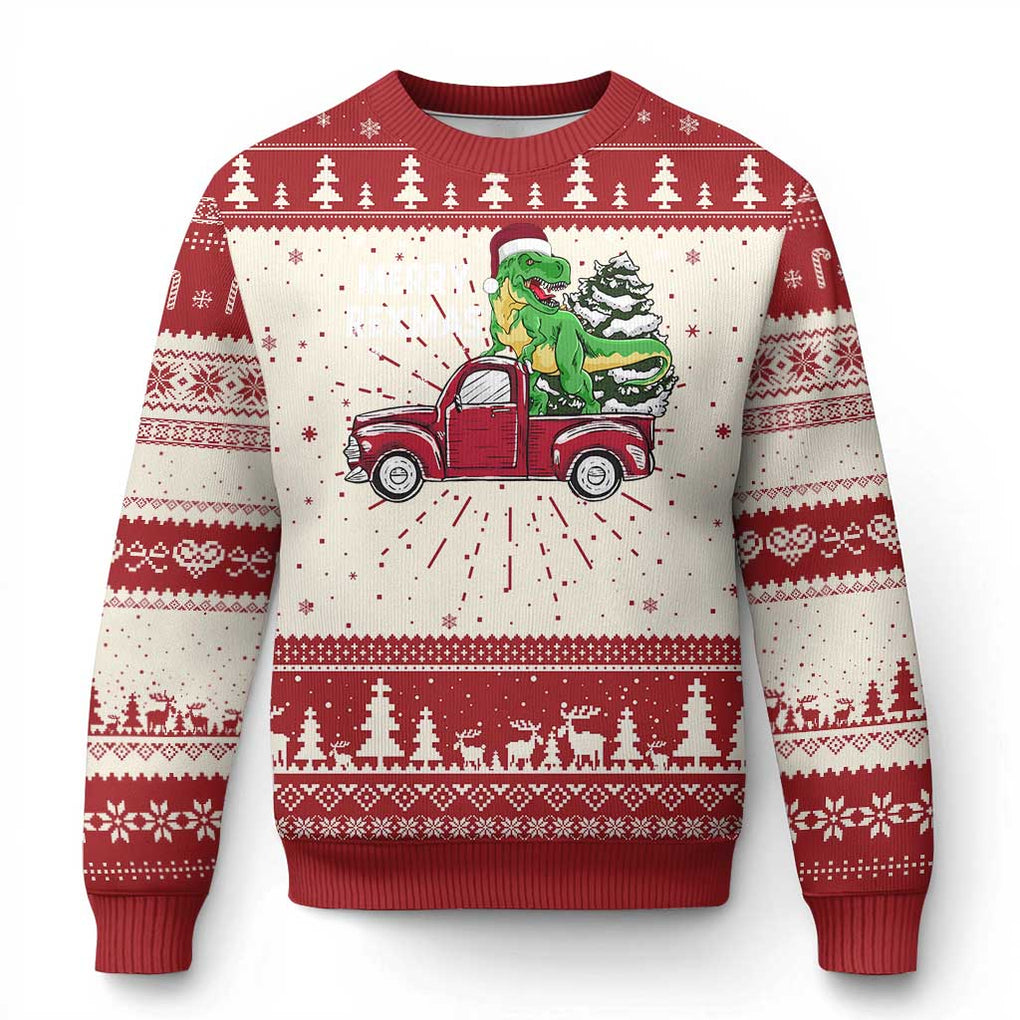 Dinosaur Christmas Tree Ugly Christmas Sweater Merry Rexmas Xmas Pet Dino Trex Red Truck Family TS10 Red Print Your Wear