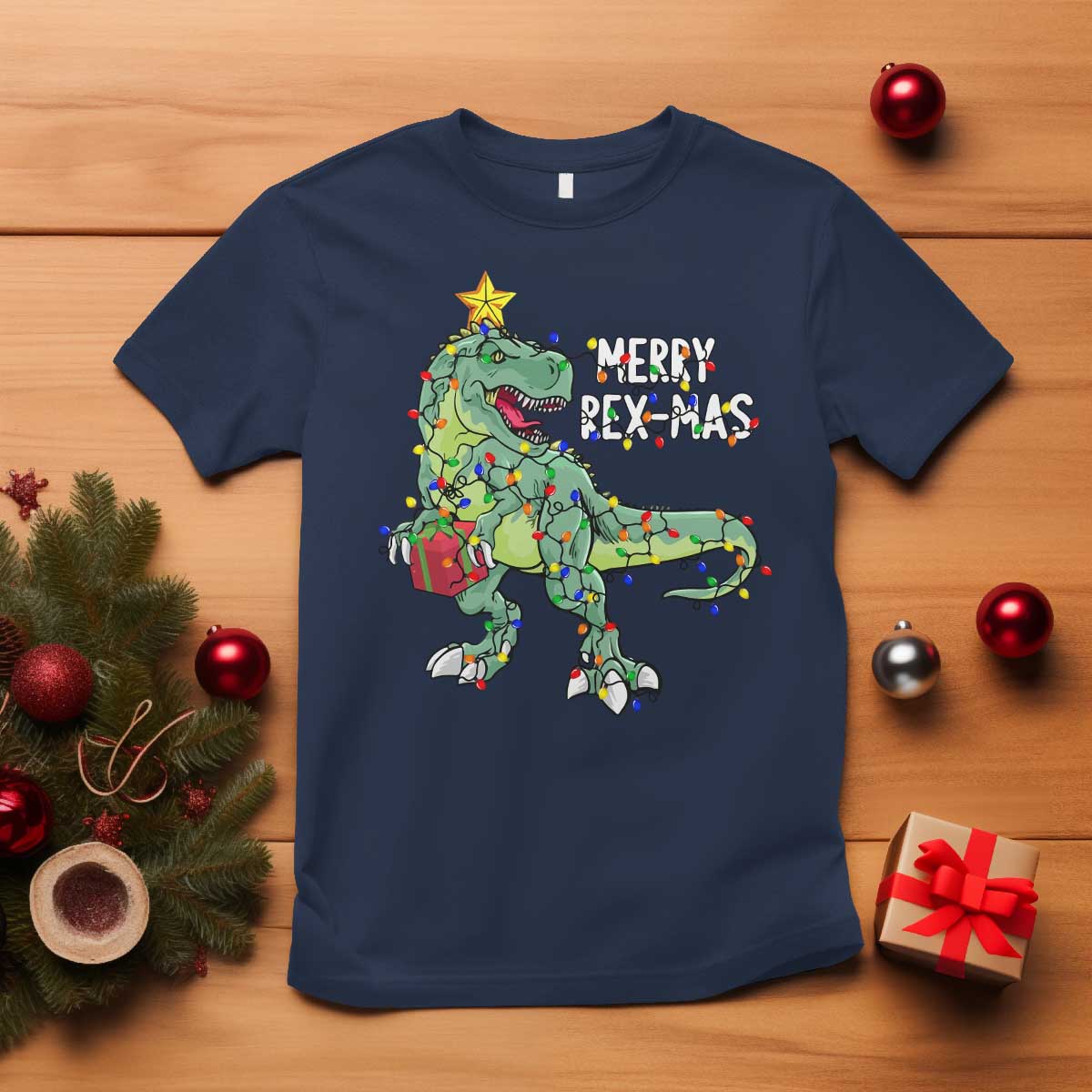 Dinosaur Christmas Tree Rex T Shirt Merry Rex-Mas Xmas Pet Dino Trex Xmas Lights TS10 Navy Print Your Wear