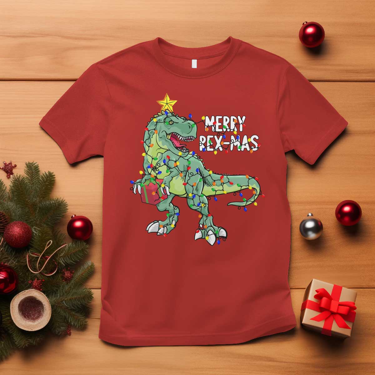 Dinosaur Christmas Tree Rex T Shirt Merry Rex-Mas Xmas Pet Dino Trex Xmas Lights TS10 Red Print Your Wear