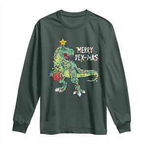 Dinosaur Christmas Tree Rex Long Sleeve Shirt Merry Rex-Mas Xmas Pet Dino Trex Xmas Lights TS10 Dark Forest Green Print Your Wear