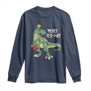 Dinosaur Christmas Tree Rex Long Sleeve Shirt Merry Rex-Mas Xmas Pet Dino Trex Xmas Lights TS10 Navy Print Your Wear