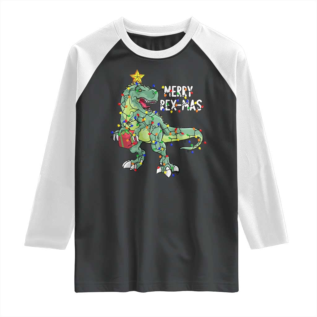 Dinosaur Christmas Tree Rex Raglan Shirt Merry Rex-Mas Xmas Pet Dino Trex Xmas Lights TS10 Black White Print Your Wear