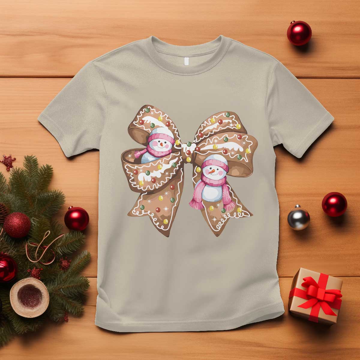 Gingerbread Coquette Bow Christmas T Shirt Cute Snowman Girly Xmas Gifts For Her TS10 Sand Print Your Wear