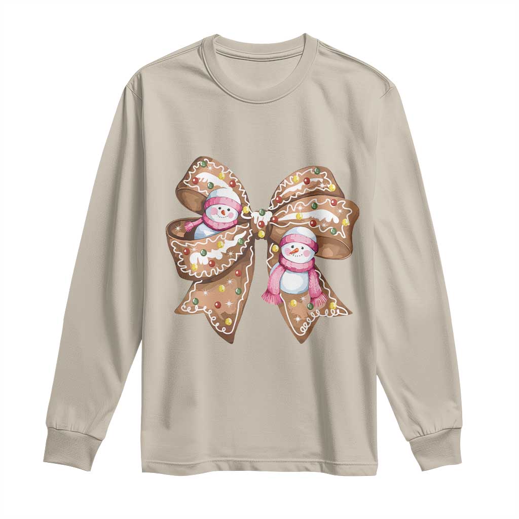 Gingerbread Coquette Bow Christmas Long Sleeve Shirt Cute Snowman Girly Xmas Gifts For Her TS10 Sand Print Your Wear