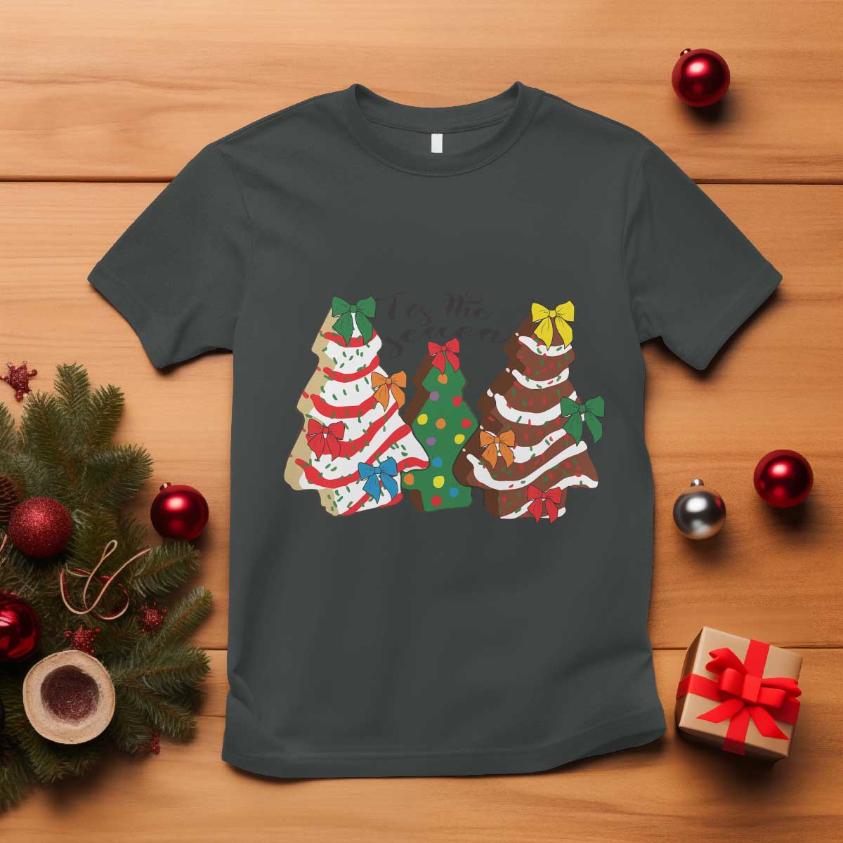 Christmas Cake Tree Bow T Shirt Tis The Season TS10 Dark Heather Print Your Wear