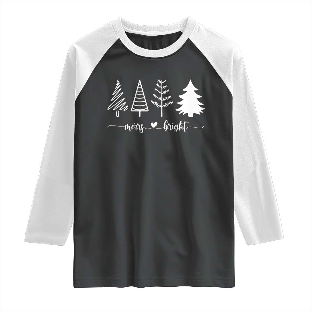 Merry and Bright Christmas Trees Raglan Shirt Holiday Tee Xmas Gift TS10 Black White Print Your Wear