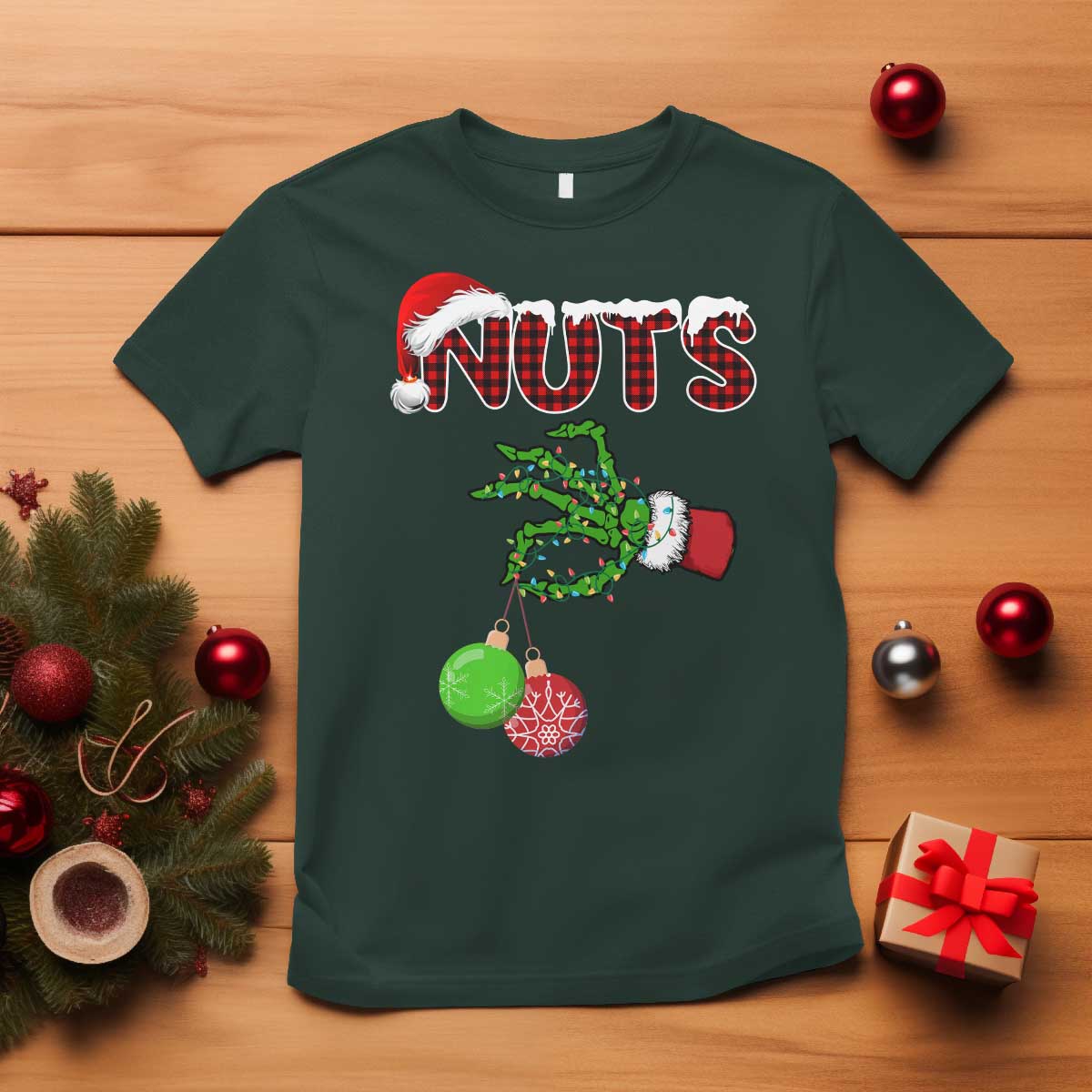 Funny Couples Christmas T Shirt Chest And Nuts Matching Holiday Skeleton Hand TS10 Dark Forest Green Print Your Wear