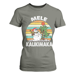 Vintage Cute Mele Kalikimaka Christmas T Shirt For Women Funny Snowman Palm Tree Beach Tropical Xmas TS10 Military Green Print Your Wear