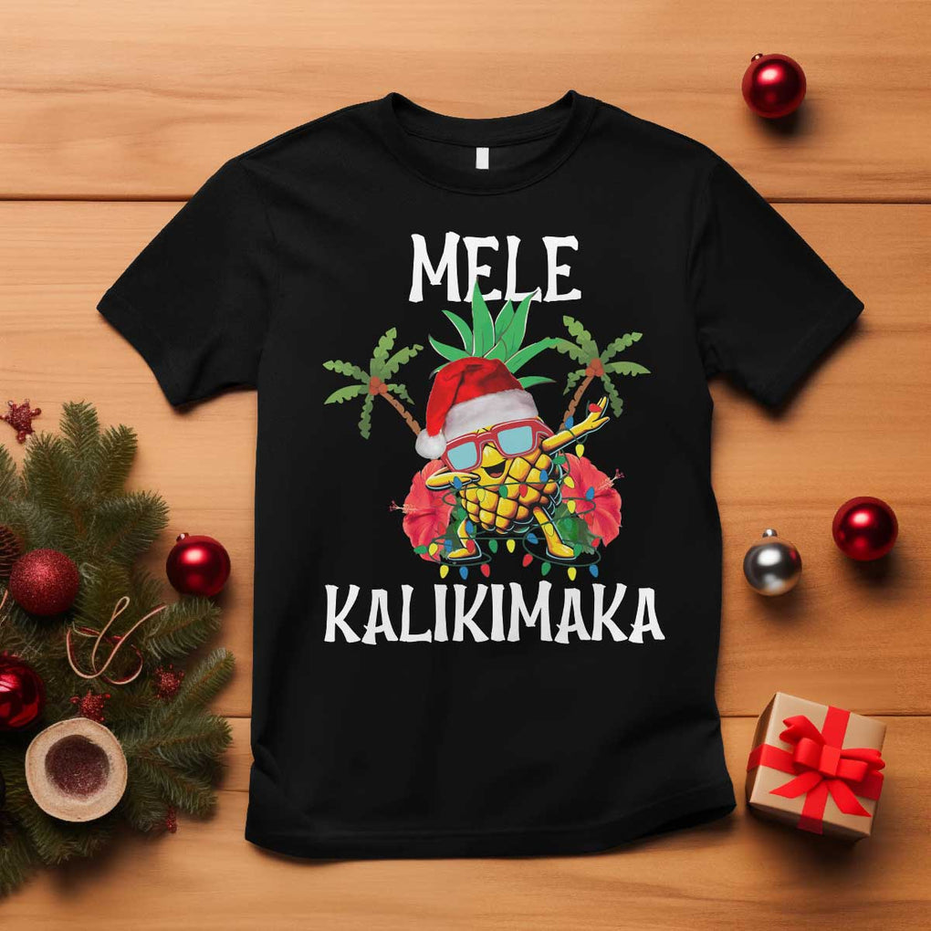 Hawaii Christmas T Shirt Mele Kalikimaka Hawaiian Pineapple Xmas Lights Santa Hat TS10 Black Print Your Wear