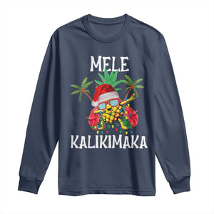 Hawaii Christmas Long Sleeve Shirt Mele Kalikimaka Hawaiian Pineapple Xmas Lights Santa Hat TS10 Navy Print Your Wear