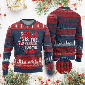 Christian Christmas Knit Sweatshirt Jesus Is The Reason For The Season TS10 Burgundy Print Your Wear