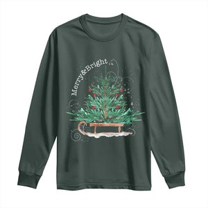 Merry and Bright Christmas Sleigh Long Sleeve Shirt TS10 Dark Forest Green Print Your Wear