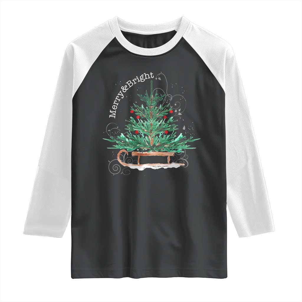 Merry and Bright Christmas Sleigh Raglan Shirt TS10 Black White Print Your Wear