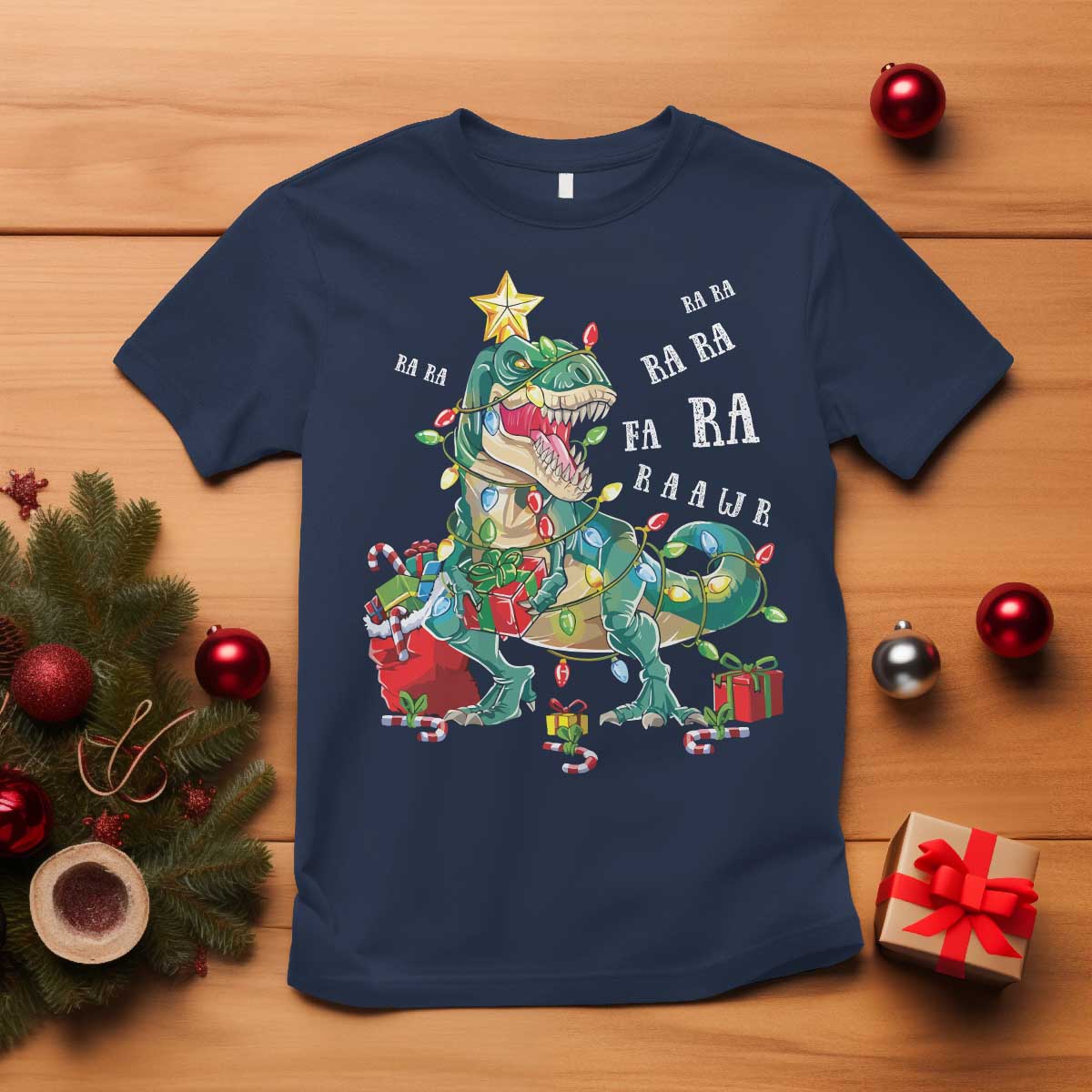 Dinosaur Christmas T Shirt Tree Lights Xmas Boys Men TS10 Navy Print Your Wear