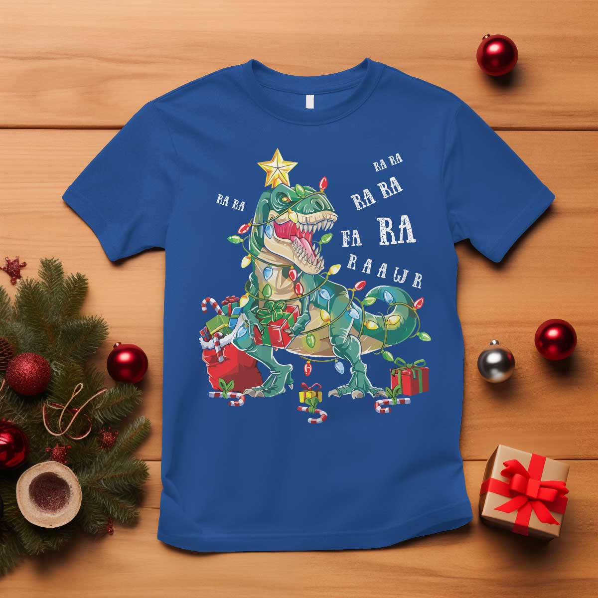 Dinosaur Christmas T Shirt Tree Lights Xmas Boys Men TS10 Royal Blue Print Your Wear