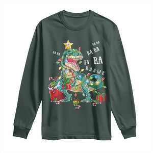 Dinosaur Christmas Long Sleeve Shirt Tree Lights Xmas Boys Men TS10 Dark Forest Green Print Your Wear