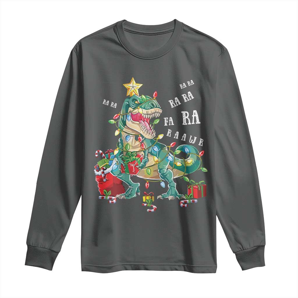 Dinosaur Christmas Long Sleeve Shirt Tree Lights Xmas Boys Men TS10 Dark Heather Print Your Wear