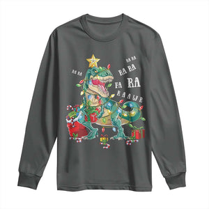 Dinosaur Christmas Long Sleeve Shirt Tree Lights Xmas Boys Men TS10 Dark Heather Print Your Wear