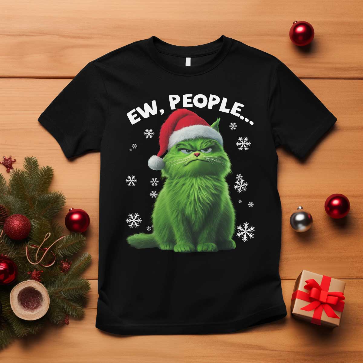 Funny Christmas Cat T Shirt Ew People Xmas Gag Gift TS10 Black Print Your Wear