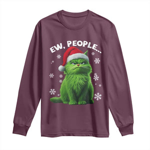 Funny Christmas Cat Long Sleeve Shirt Ew People Xmas Gag Gift TS10 Maroon Print Your Wear