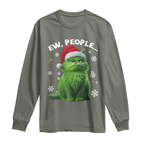 Funny Christmas Cat Long Sleeve Shirt Ew People Xmas Gag Gift TS10 Military Green Print Your Wear