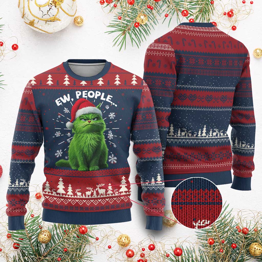 Funny Cat Ugly Christmas Sweater Ew People Xmas Gag Gift TS10 Burgundy Print Your Wear