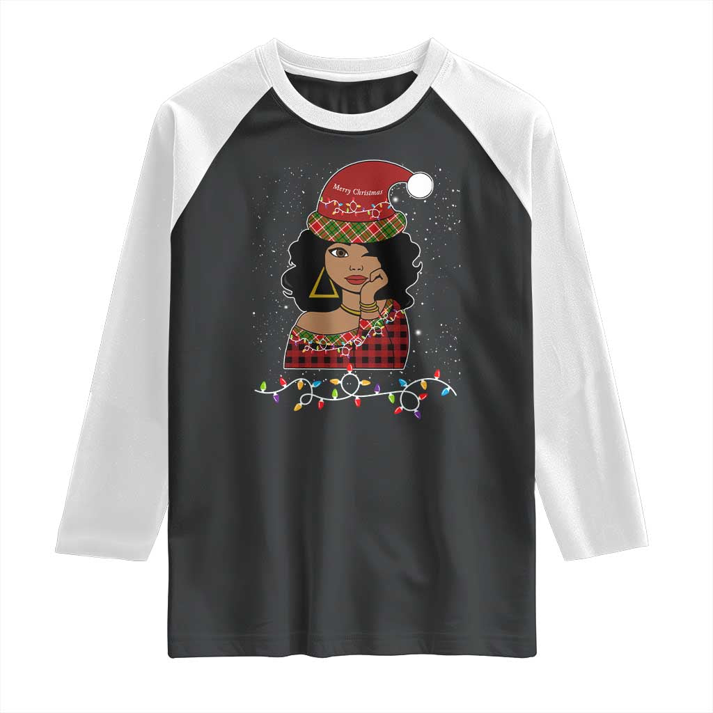 Black Santa African American Christmas Raglan Shirt Sassy Afro Queen Black Woman TS10 Black White Print Your Wear
