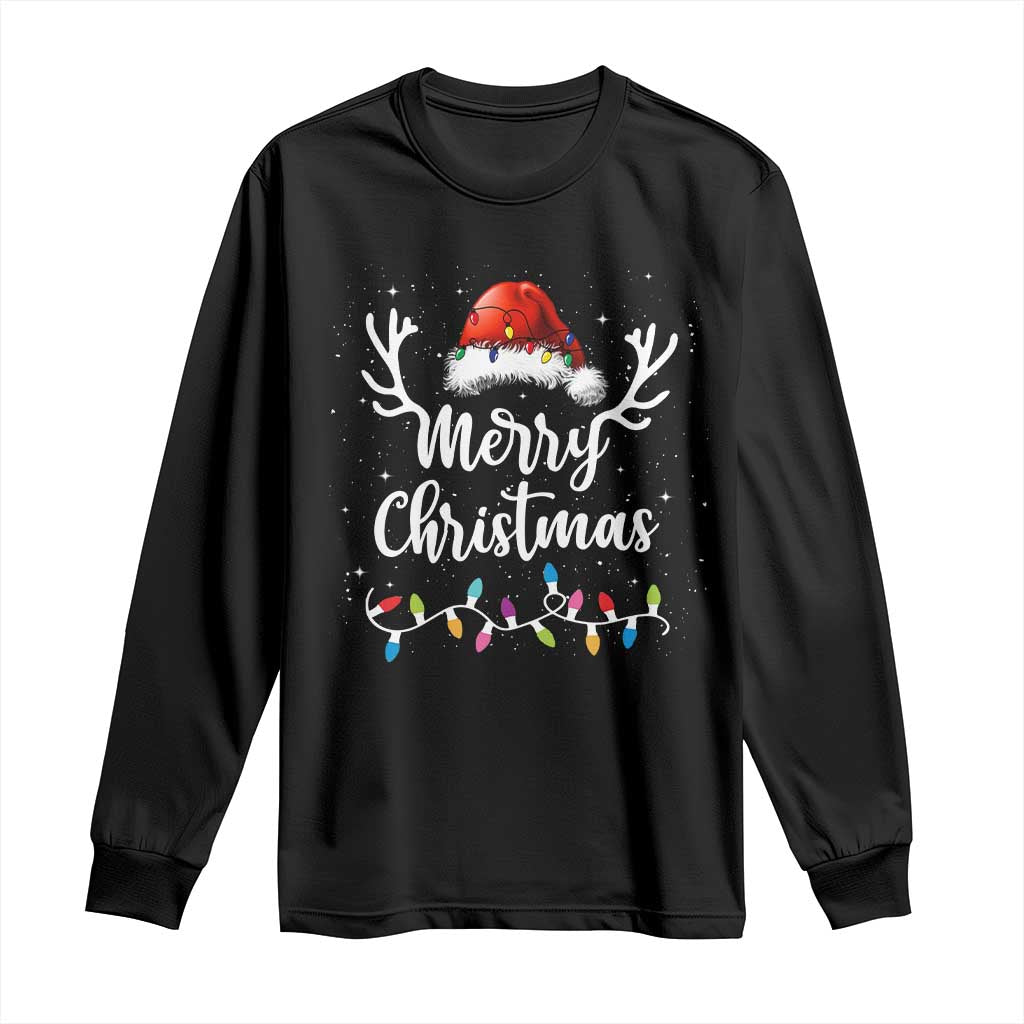 Merry Christmas Long Sleeve Shirt Lights Red Santa Hat Xmas Family Matching TS10 Black Print Your Wear