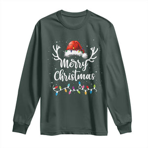 Merry Christmas Long Sleeve Shirt Lights Red Santa Hat Xmas Family Matching TS10 Dark Forest Green Print Your Wear