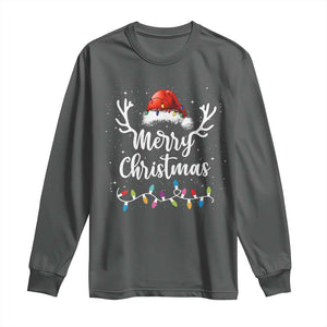 Merry Christmas Long Sleeve Shirt Lights Red Santa Hat Xmas Family Matching TS10 Dark Heather Print Your Wear