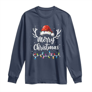 Merry Christmas Long Sleeve Shirt Lights Red Santa Hat Xmas Family Matching TS10 Navy Print Your Wear