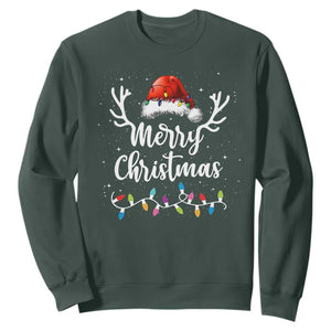 Merry Christmas Sweatshirt Lights Red Santa Hat Xmas Family Matching TS10 Dark Forest Green Print Your Wear