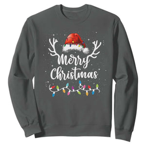 Merry Christmas Sweatshirt Lights Red Santa Hat Xmas Family Matching TS10 Dark Heather Print Your Wear