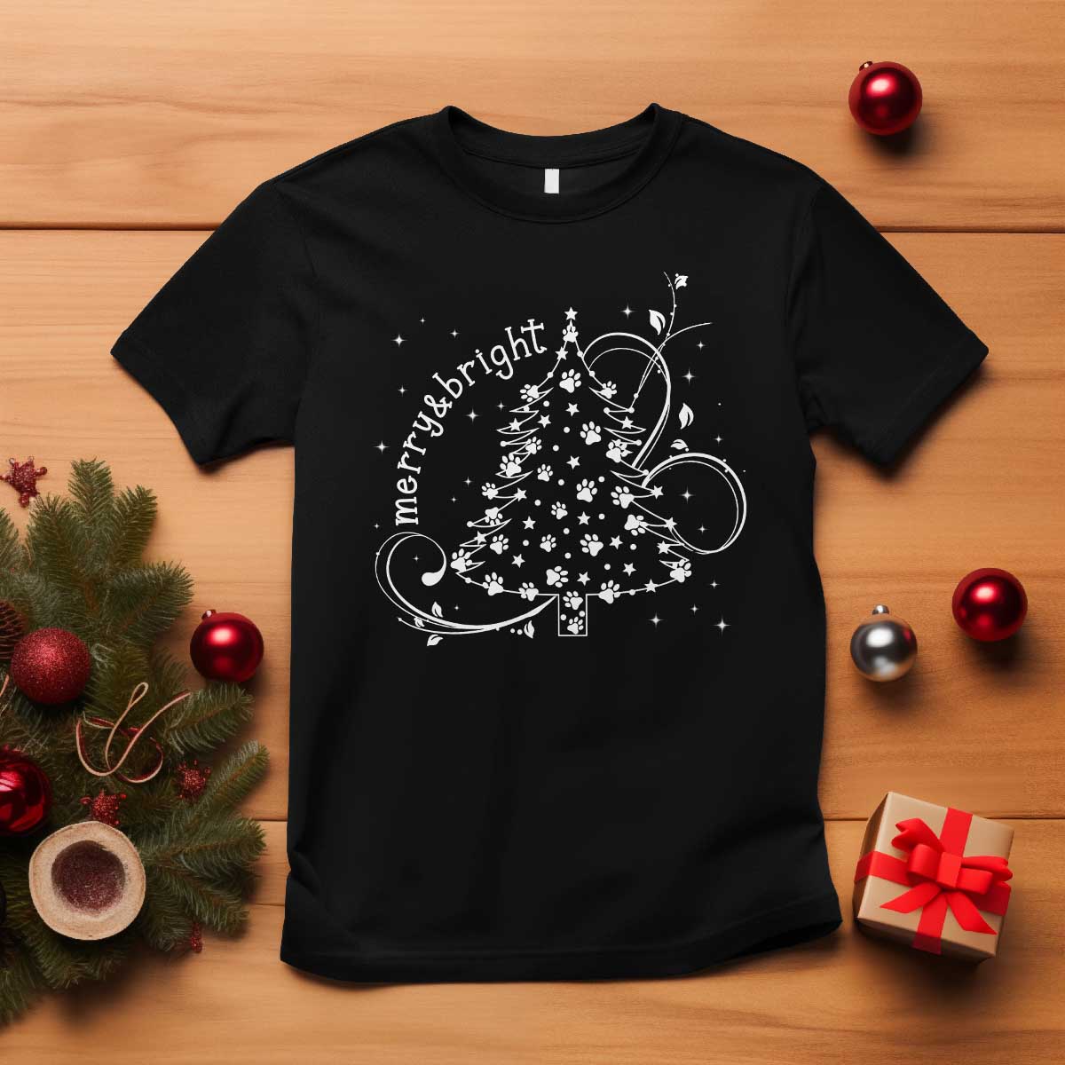 Christmas Dog T Shirt Merry & Bright Cute Xmas Tree with Paws Gift for Dog Lover TS10 Black Print Your Wear