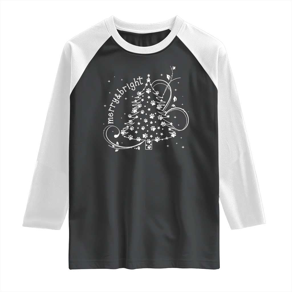 Christmas Dog Raglan Shirt Merry & Bright Cute Xmas Tree with Paws Gift for Dog Lover TS10 Black White Print Your Wear