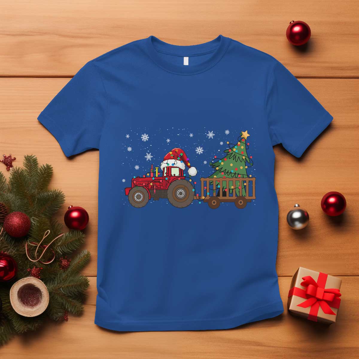 Tractor Christmas T Shirt Tree Lights Farmer Xmas Gift for Tractor Drivers TS10 Royal Blue Print Your Wear