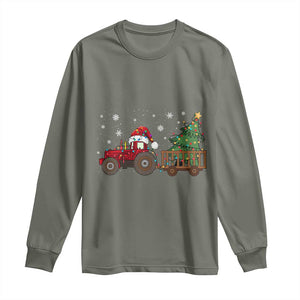 Tractor Christmas Long Sleeve Shirt Tree Lights Farmer Xmas Gift for Tractor Drivers TS10 Military Green Print Your Wear