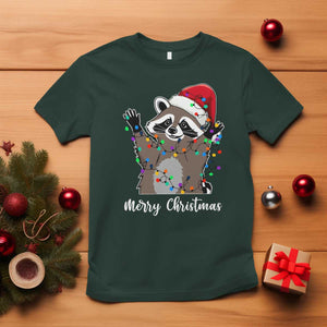 Merry Christmas Raccoon T Shirt Happy Holidays Gift Animal Xmas Lights Red Santa Hat TS10 Dark Forest Green Print Your Wear