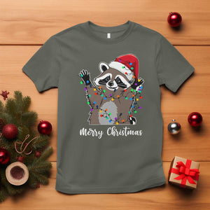 Merry Christmas Raccoon T Shirt Happy Holidays Gift Animal Xmas Lights Red Santa Hat TS10 Military Green Print Your Wear