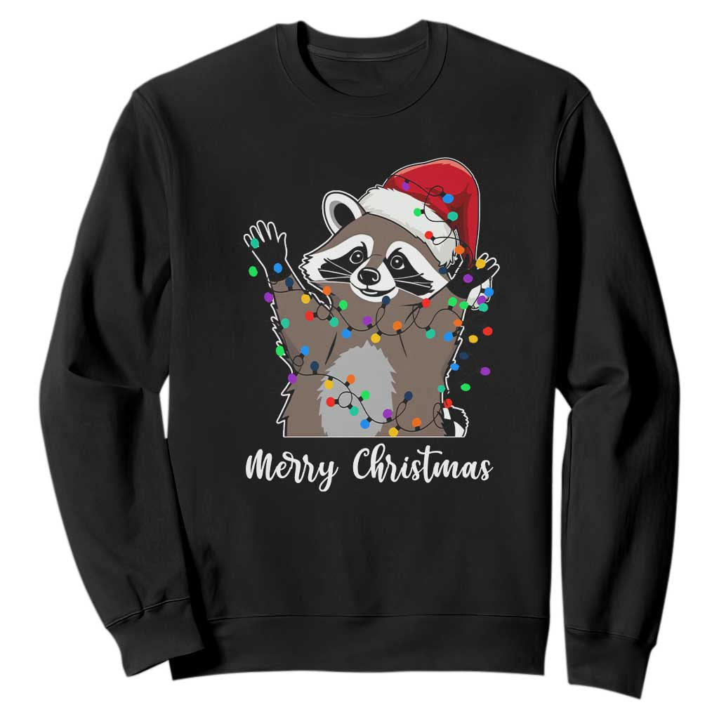 Merry Christmas Raccoon Sweatshirt Happy Holidays Gift Animal Xmas Lights Red Santa Hat TS10 Black Print Your Wear