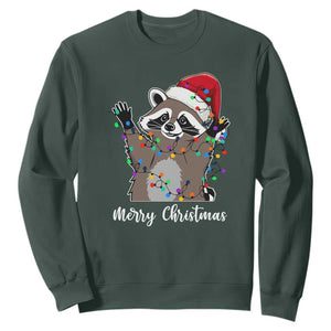 Merry Christmas Raccoon Sweatshirt Happy Holidays Gift Animal Xmas Lights Red Santa Hat TS10 Dark Forest Green Print Your Wear