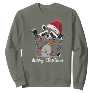 Merry Christmas Raccoon Sweatshirt Happy Holidays Gift Animal Xmas Lights Red Santa Hat TS10 Military Green Print Your Wear