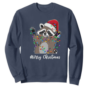 Merry Christmas Raccoon Sweatshirt Happy Holidays Gift Animal Xmas Lights Red Santa Hat TS10 Navy Print Your Wear