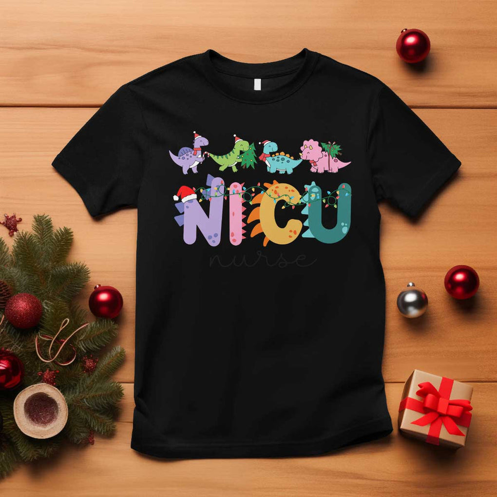NICU Nurse Christmas T Shirt Xmas Light Neonatal Intensive Care Unit Nurse Appreciation Gift Dinosaur TS10 Black Print Your Wear
