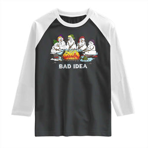 Christmas Snowman Campfire Raglan Shirt Bad Idea Melting Snowman Family Roasting Marshmallows TS10 Black White Print Your Wear