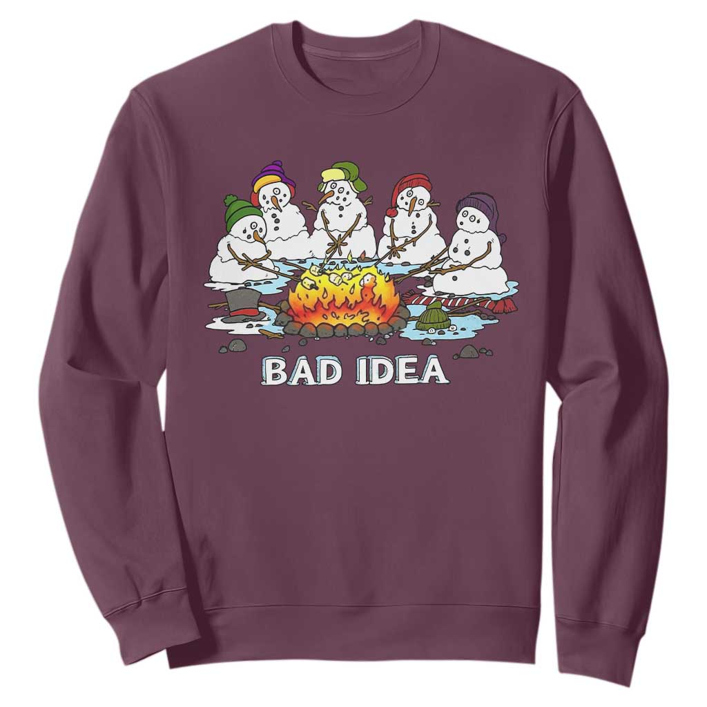 Christmas Snowman Campfire Sweatshirt Bad Idea Melting Snowman Family Roasting Marshmallows TS10 Maroon Print Your Wear