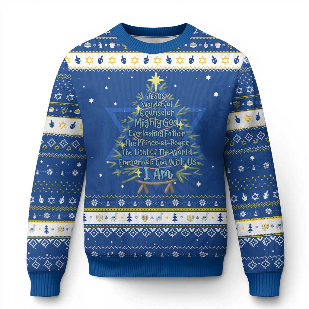 Jesus Names Christmas Tree Hanukkah Ugly Sweater Christian Bible Verse Xmas TS10 Blue White Print Your Wear
