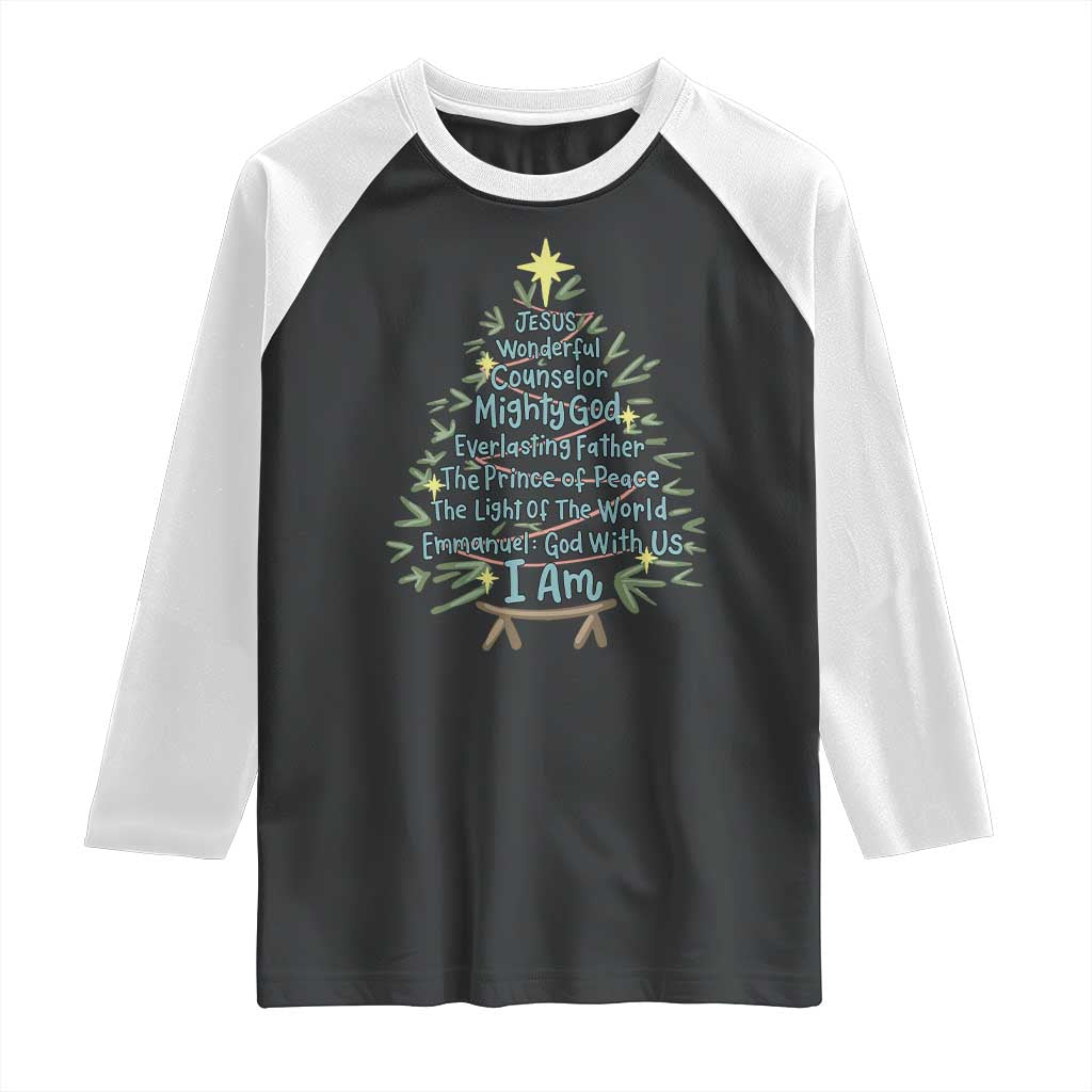 Jesus Names Christmas Tree Raglan Shirt Christian Bible Verse Xmas TS10 Black White Print Your Wear