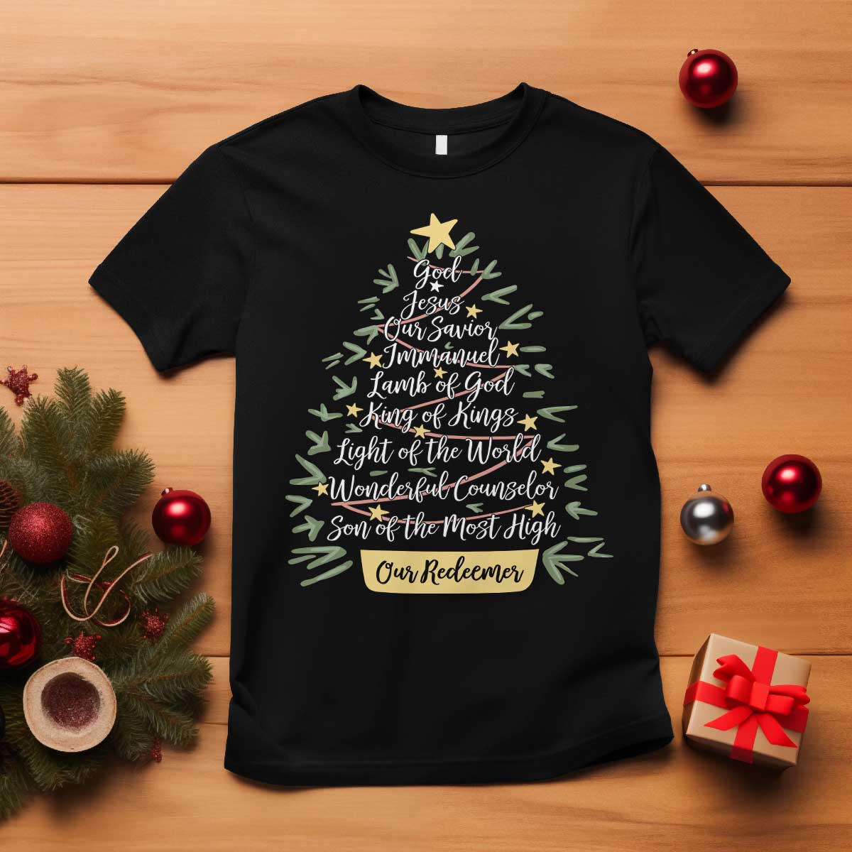Christmas Christian T Shirt Jesus Names Tree Religious Faith TS10 Black Print Your Wear