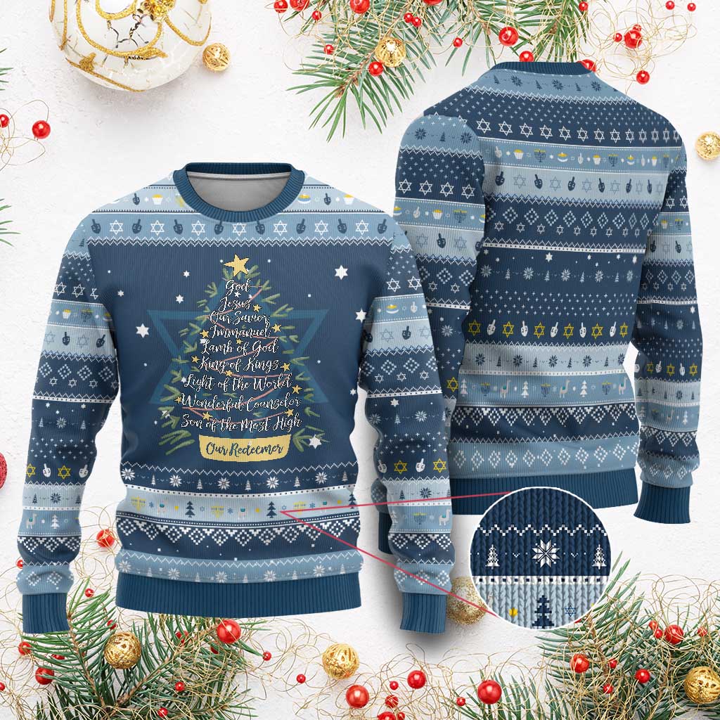 Christmas Christian Hanukkah Ugly Sweater Jesus Names Tree Religious Faith TS10 Navy Light Blue Print Your Wear
